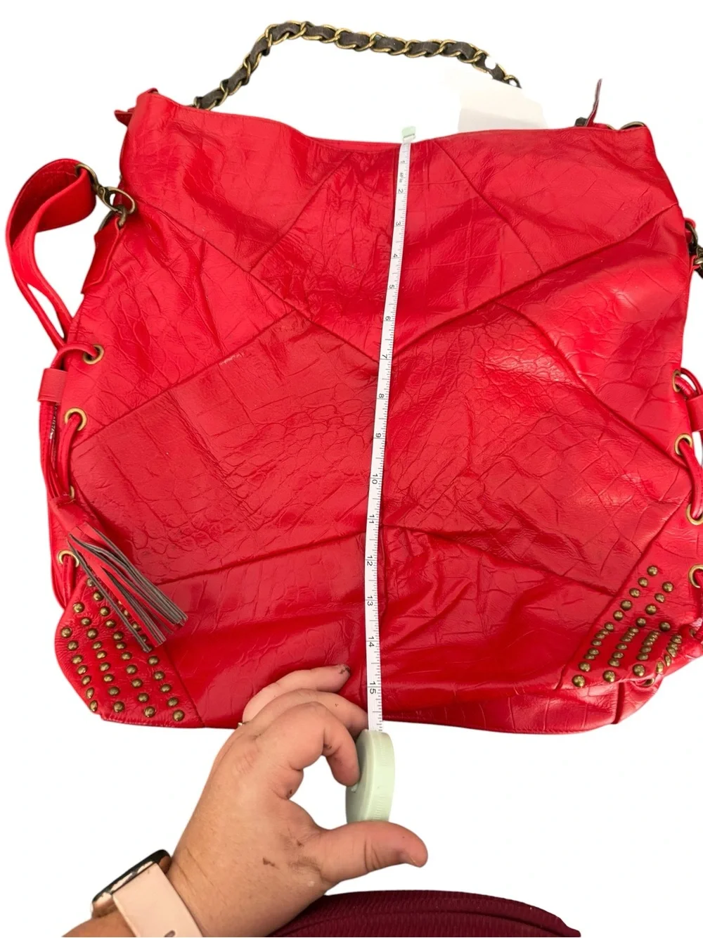 Red Studded Hobo Shoulder Bag